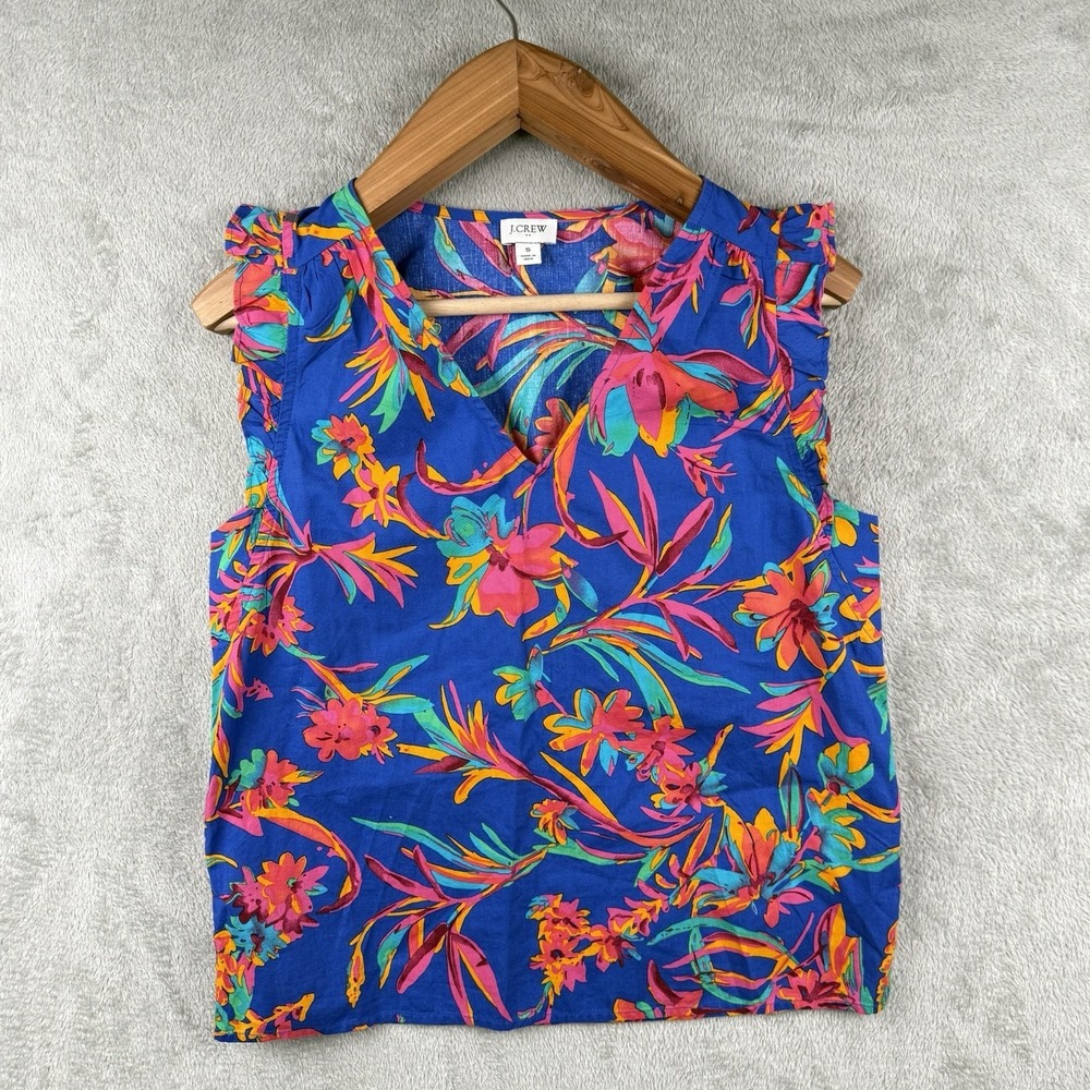 J.Crew Sleeveless Top Womens S Colorful Tropical Ruffle V-Neck Cotton Stretch
